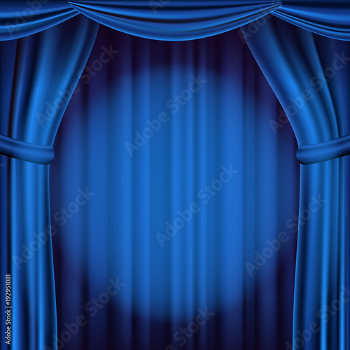 Blue Theater Curtain Vector. Theater, Opera Or Cinema Scene. Realistic Illustration