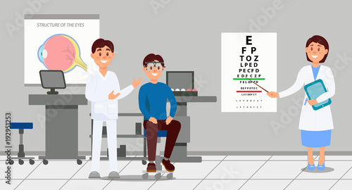 Two doctors examining patient in clinic. Medical workers helping young man selecting eyeglass during testing. Ophthalmology medical service. Healthcare concept. Flat vector