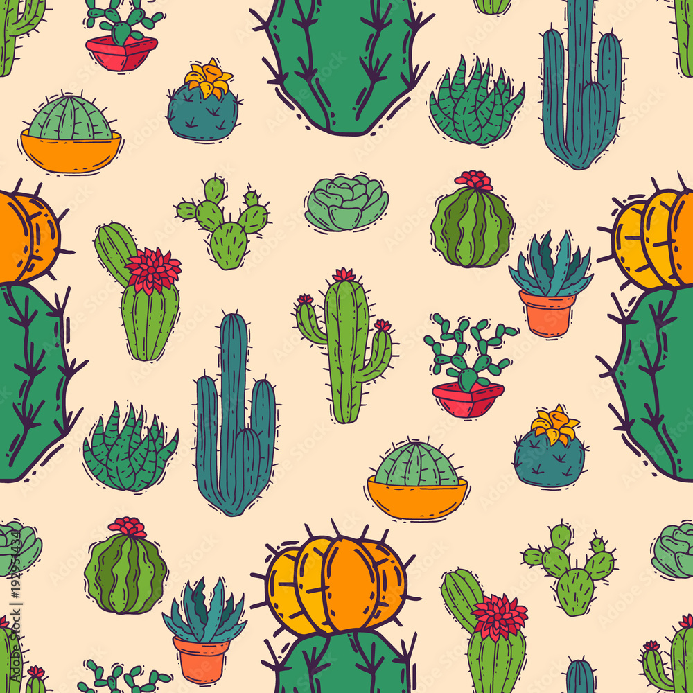 Cactus home nature vector illustration of green plant cactaceous tree with flower seamless pattern background Cactus home nature vector illustration of green plant cactaceous tree with flower seamless pattern background