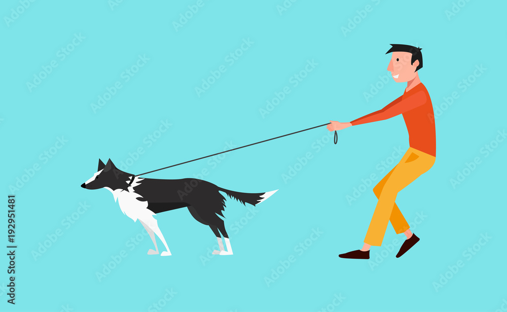 Vector Illustration Young Man Walk the Dog (Black and White Border