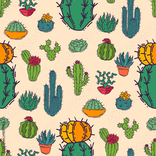Cactus home nature vector illustration of green plant cactaceous tree with flower seamless pattern background