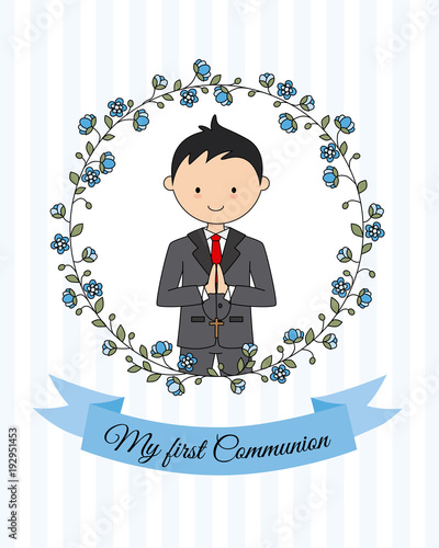 my first communion boy. Boy with communion dress and flower frame