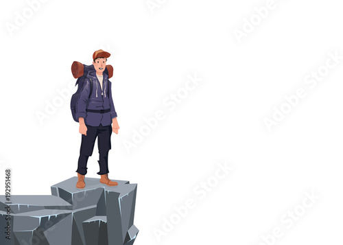 A young happy man on the edge of the cliff. Mountain hiker, Explorer, mountaineer. A symbol of success. Vector Illustration with copy space on white background.