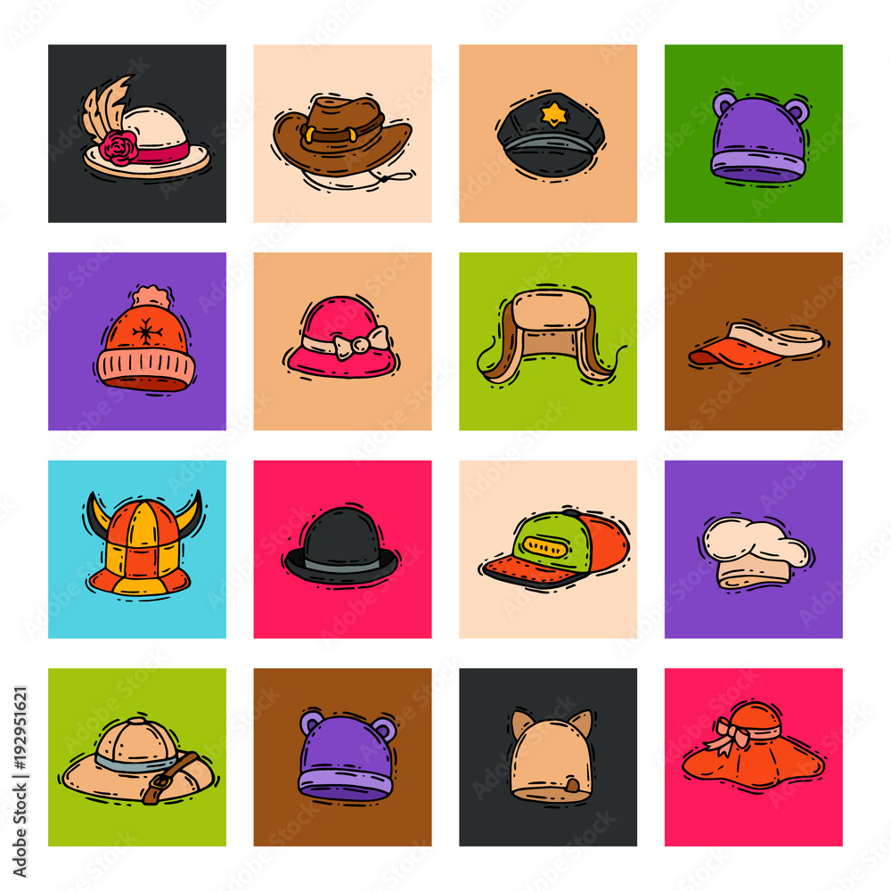 Fototapeta premium Different holiday carnaval hat fashion accessory party celebration for masquerad clothing vector illustration