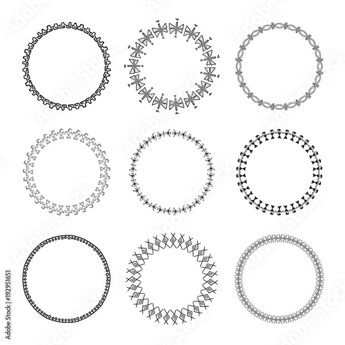 Set of 9 tribal circles. Hand drawn vector wreaths.