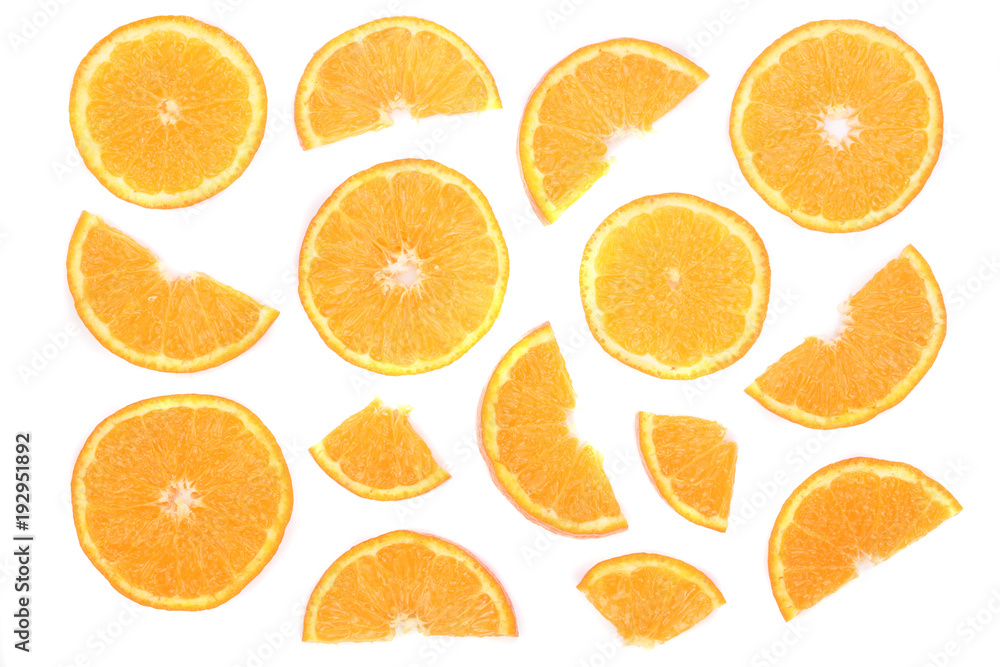 Slices of orange or tangerine isolated on white background. Flat lay, top view. Fruit composition Slices of orange or tangerine isolated on white background. Flat lay, top view. Fruit composition