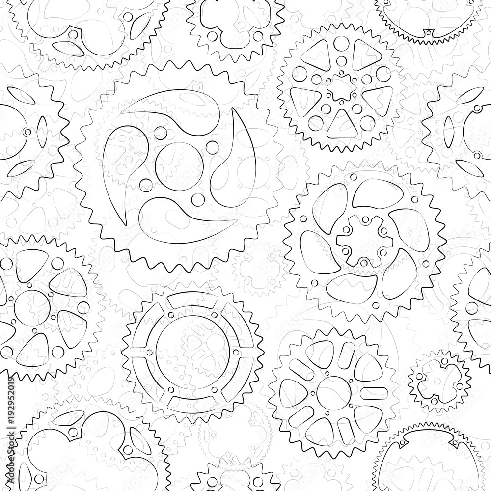 Seamless pattern with black outlined gears and cogs on white background. Classic designed vector illustration for banner, card or web decorations.