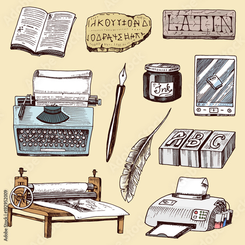 Book-printing typography writer author vector publishing house history hand drawn typewriter work books industry tools pen, print machine, feather, letters equipment illustration