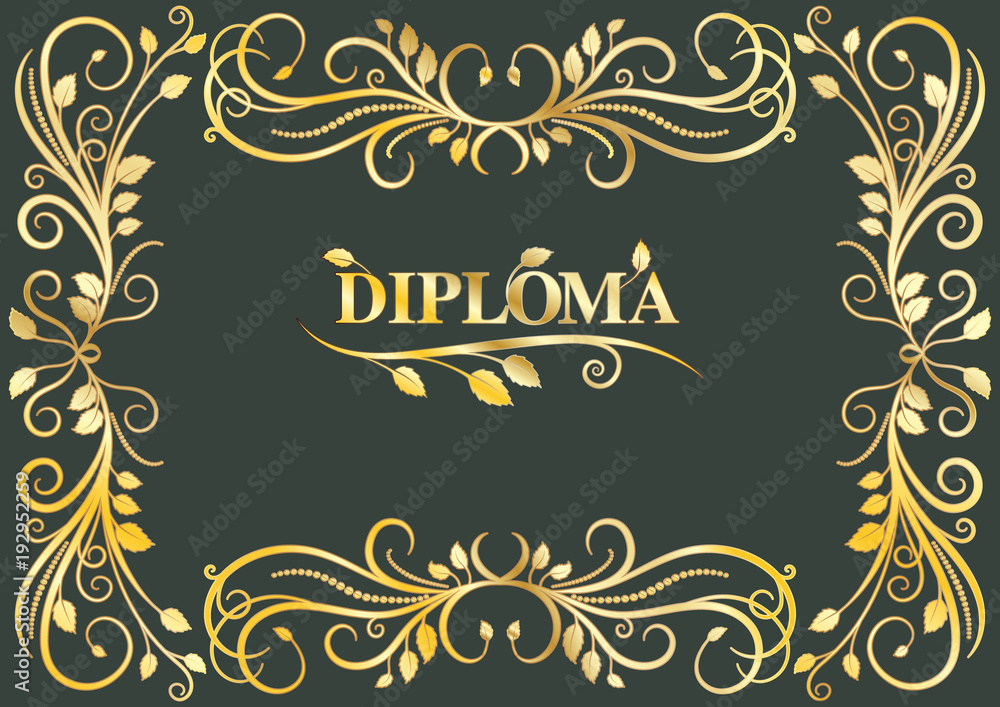 Classical diploma frame with golden laces on green background
