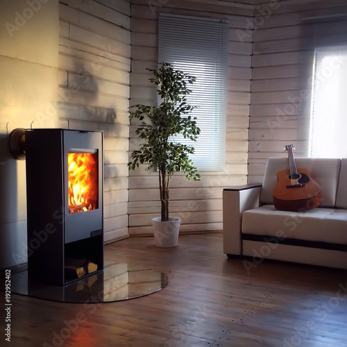 Modern wood burning stove inside cozy living room