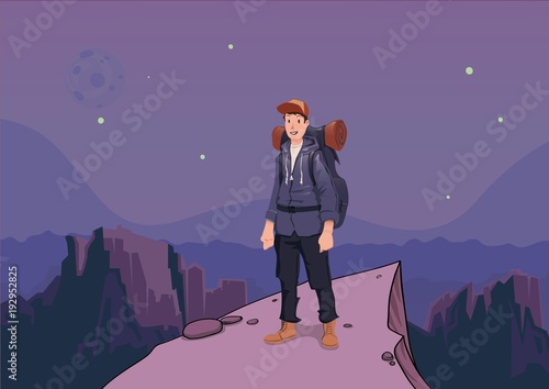 Tourist on a mountain is looking for help. Backpacker on a rock. Mountain landscape in the twilight. Sky full of stars. Horisontal vector illustration cartoon character.
