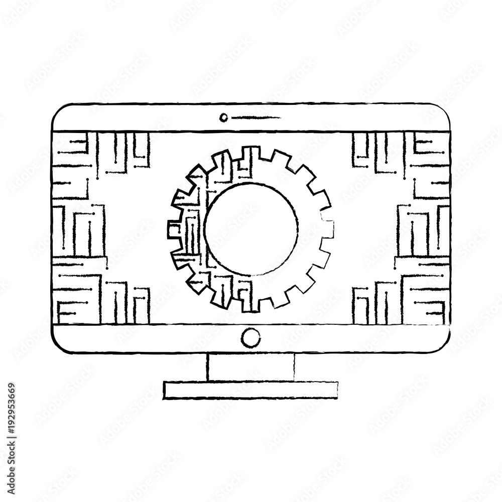 Obraz premium monitor computer with gear circuit connection technology vector illustration