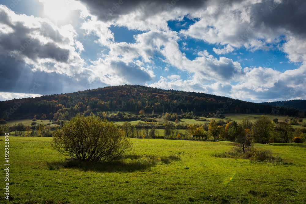 Autumn landscape with the Bieszczady mountains in cloudy day, Podkarpackie, Poland