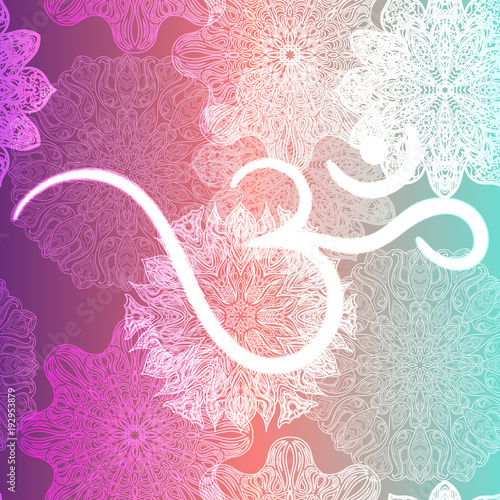 Ornate floral seamless texture, endless pattern with glowing bright mandala elements and ohm symbol