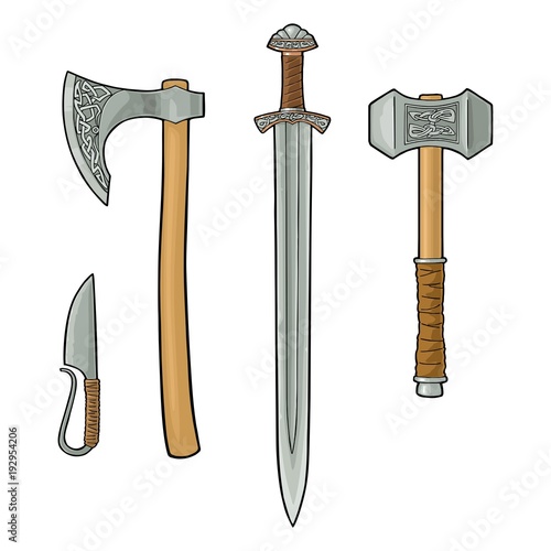 Set edged weapons viking. Knife, axe, sword, hammer. Vintage engraving