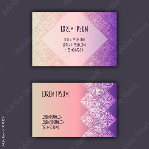 Ornamental mosaic business cards, oriental pattern, foil decorative elements