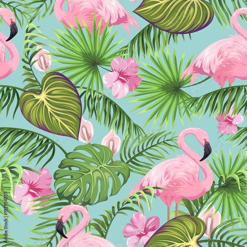 Seamless pattern with tropical leaves, exotic flowers and flamingo 