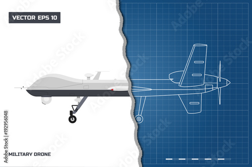 Blueprint of military drone in outline style. Side view. Army aircraft for intelligence and attack. Industrial isolated drawing. Vector illustration