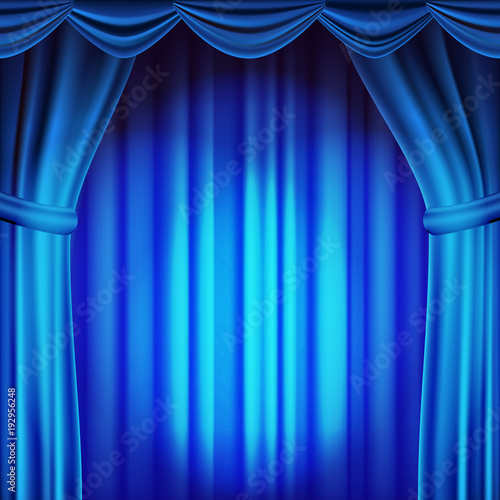 Blue Theater Curtain Vector. Theater, Opera Or Cinema Scene. Empty Silk Stage, Blue Scene. Realistic Illustration
