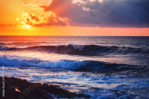 fantastic stunning colorful landscape, sunset on the shore of the blue sea, the coast of Cyprus, the neighborhood of Paphos