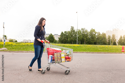 Cute smiling teenager made her shopping cart basket full of food products