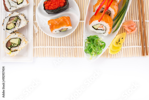 Japanese Sushi over white background. photo