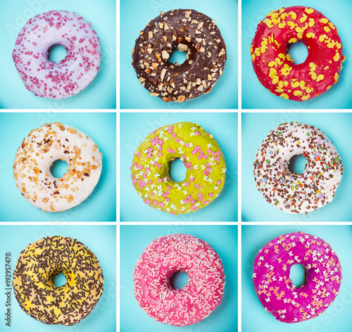 Tasty doughnuts collection on pastel blue background.