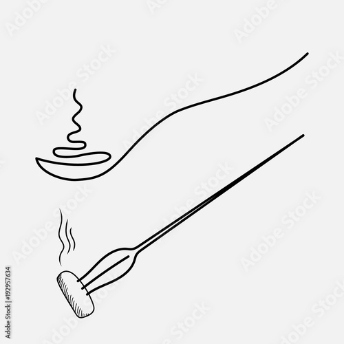 Spoon with hot food, drawing one line. Fork with a piece of hot food.