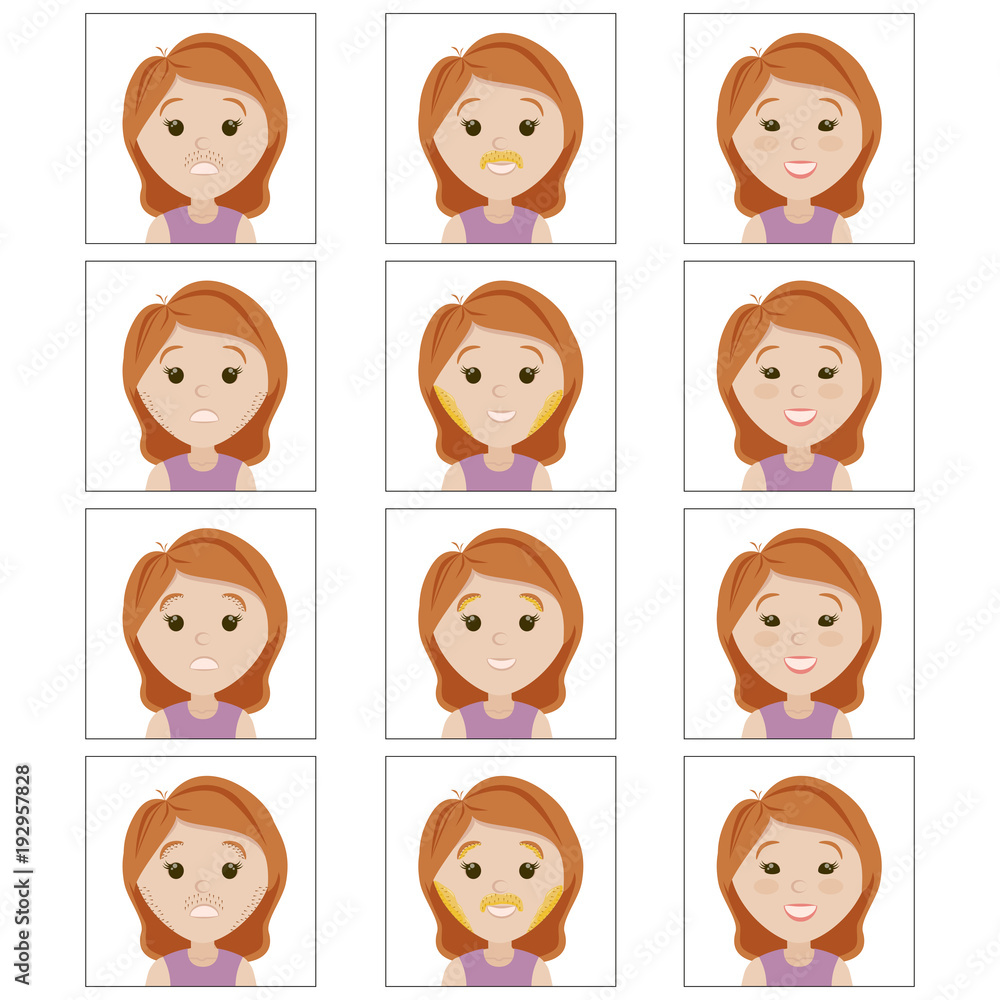 Unwanted hair icon set. Lovely female face with masks for hair removal. Avatar for the women's forum, chat or blog. Unwanted hair icon set. Lovely female face with masks for hair removal. Avatar for the women's forum, chat or blog.