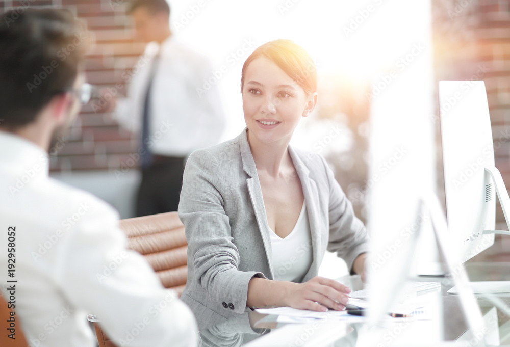 business woman talking with a client business woman talking with a client