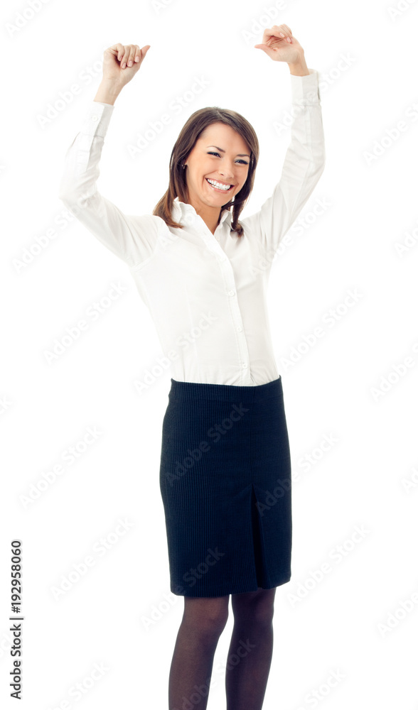 Happy gesturing businesswoman , on white Happy gesturing businesswoman , on white