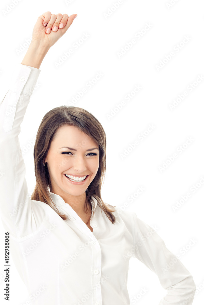 Happy smiling gesturing businesswoman, isolated on white background Happy smiling gesturing businesswoman, isolated on white background