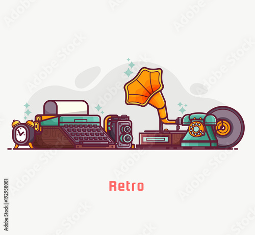 Vintage things and objects. Flea market or antiques shop banner. Old rarity elements for entertainment with lens camera, gramophone, typewriter and telephone. Abstract retro tech concept background.