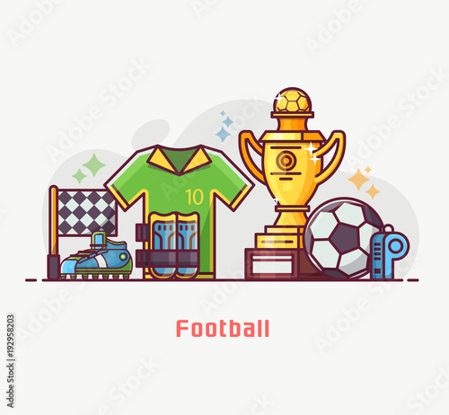 Footballer lifestyle banner with soccer training equipment and playing elements. Football championship concept with winner trophy cup, soccer ball, flag and other game essentials in flat design.