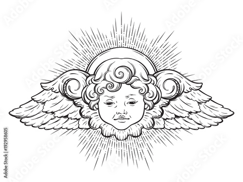 Cherub cute winged curly smiling baby boy angel with rays of linght isolated over white background. Hand drawn design vector illustration
