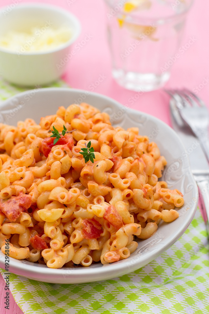 Pasta macaronis stortini coquillettes with tomato and cheese sauce Pasta macaronis stortini coquillettes with tomato and cheese sauce