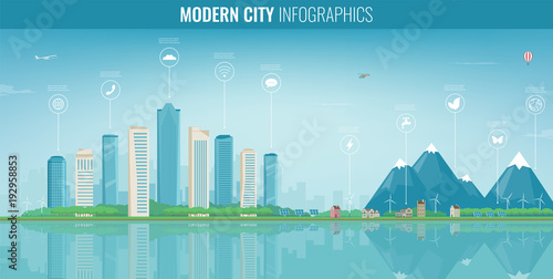 Urban landscape with infographic elements. Modern city. Smart city. Concept website template. Vector