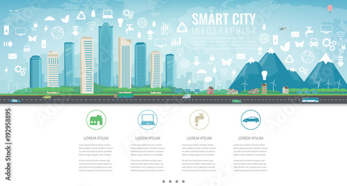 Urban landscape with infographic elements. Modern city. Smart city. Concept website template. Vector