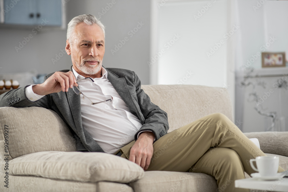 Creating plan. Handsome bearded man expressing positivity while holding glasses in right hand, sitting on the sofa
