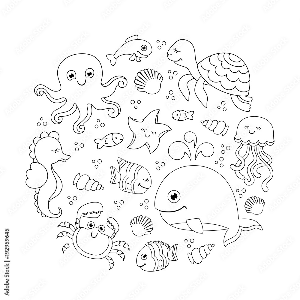 Ocean set with cute sea animals. Under the sea round pattern. Linear drawing  Stock Vector | Adobe Stock