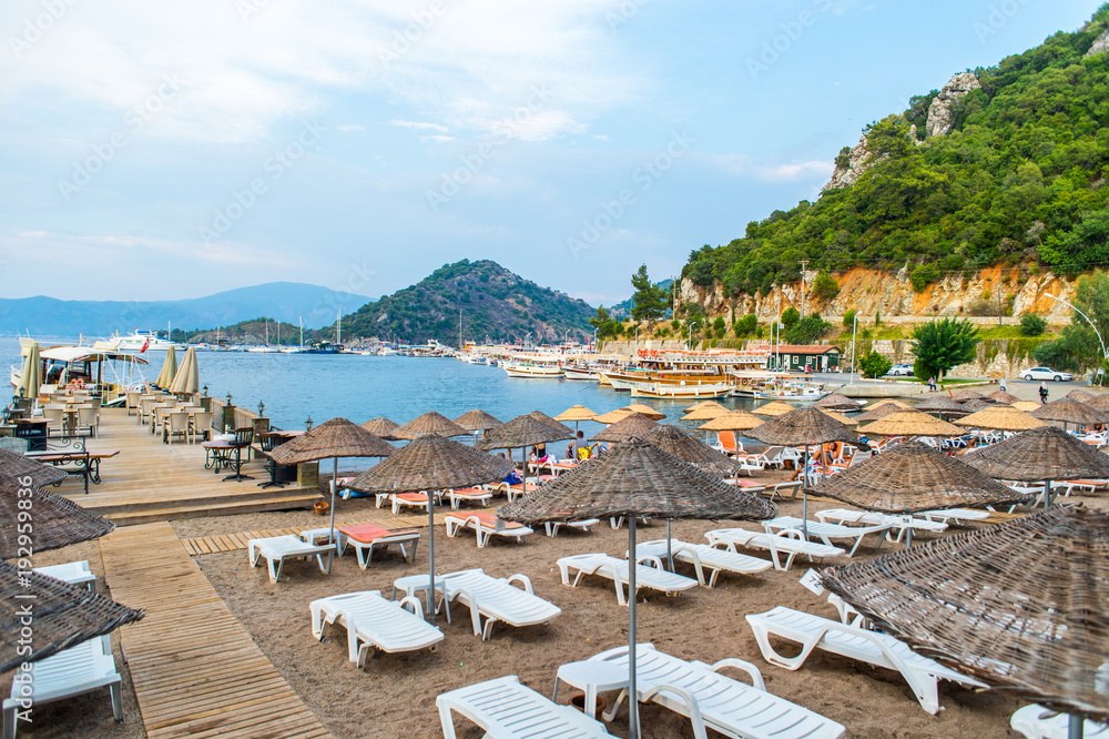 Turkey, Icmeler, August 2017:  Sun loungers on a beach in Turkey