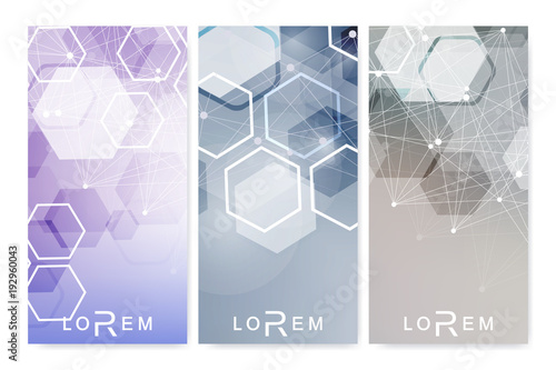 Modern set of vector flyers, banners. Geometric abstract presentation. Molecule and communication background for medicine, science, technology, chemistry.