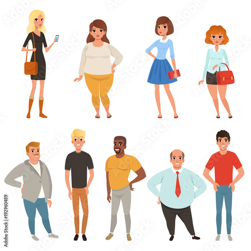 Cartoon collection of young and adult people in different poses. Men and women characters wearing casual clothes. Full-length portraits. Flat vector design