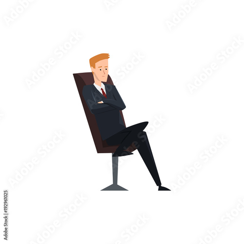 Businessman, office worker or manager character sitting on office chair with folded hands vector Illustration on a white background