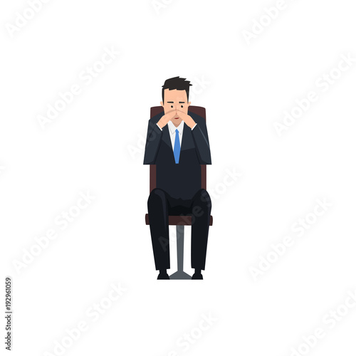 Thoughtful businessman or manager character sitting on office chair vector Illustration on a white background