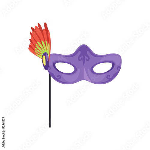 Venetian mask with feathers, masquerade decorative element cartoon vector Illustration on a white background