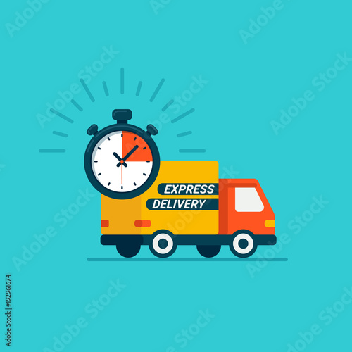 Express delivery service. Delivery by car or truck. Parcels Express delivery service. Flat style design truck icon and timer on blue background.