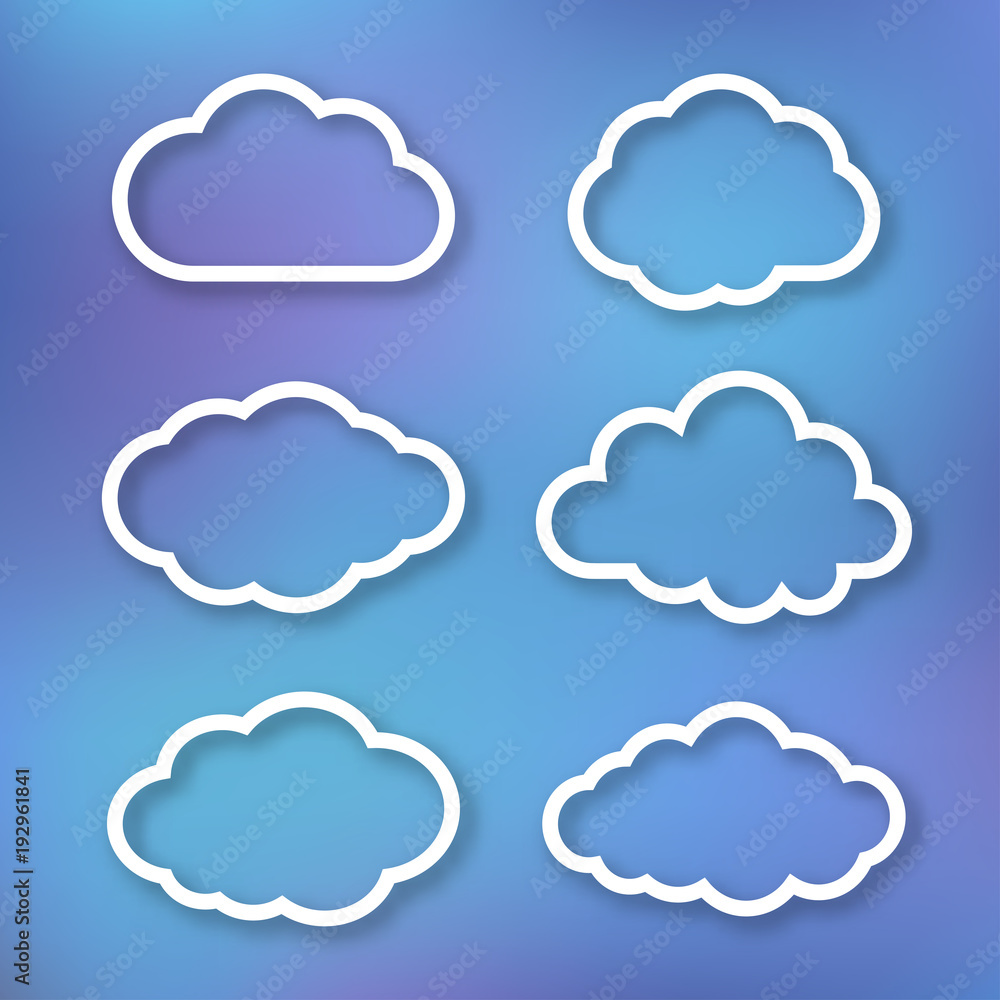 Set of clouds, linear illustration on bright blue blurred background. Vector illustration.