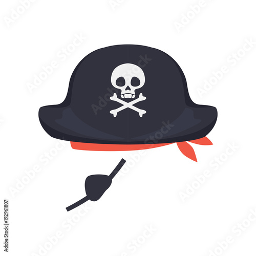 Black pirate hat with skull and eye patch, masquerade decor, carnival headdress element cartoon vector Illustration isolated on a white background