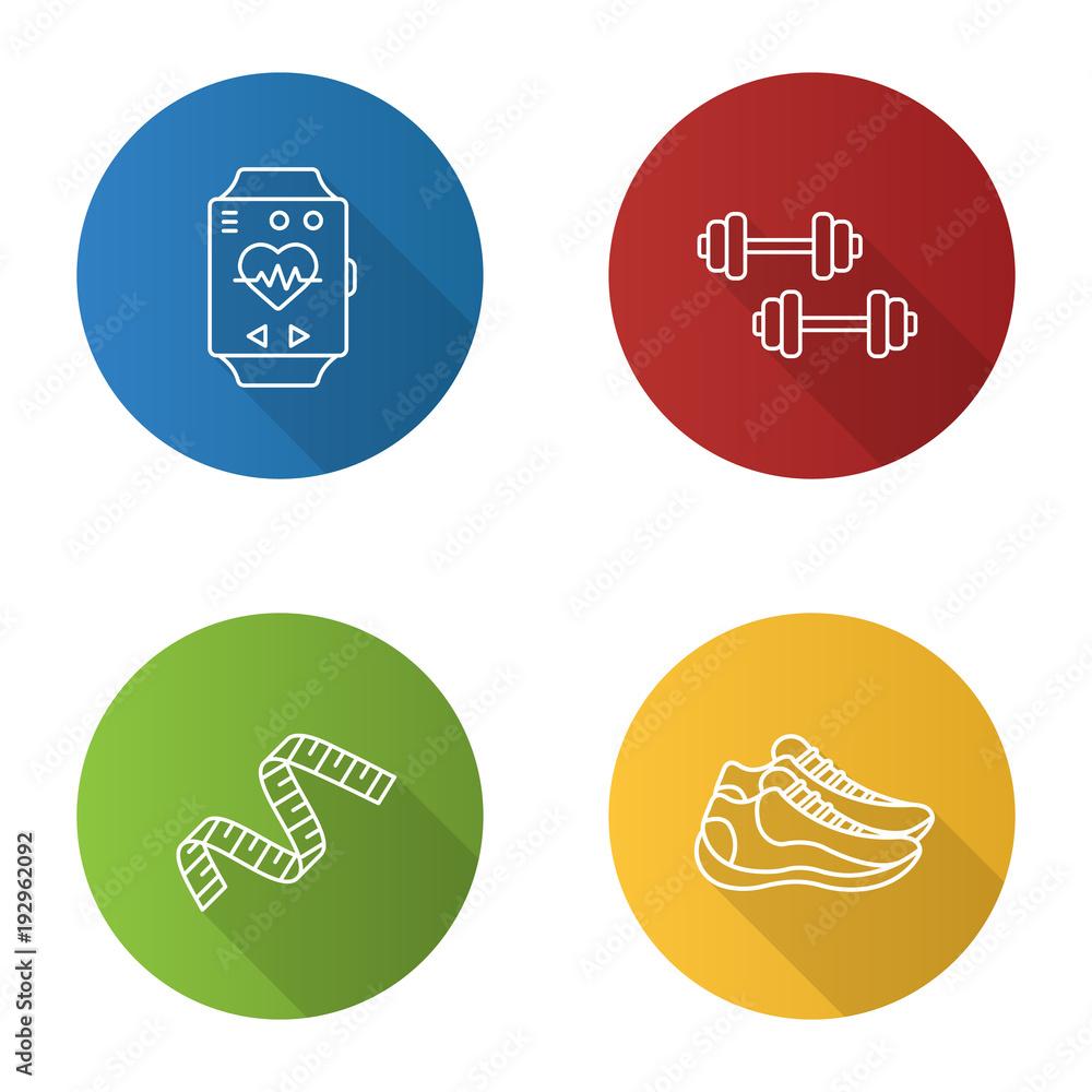 Fitness flat linear long shadow icons set Fitness flat linear long shadow icons set